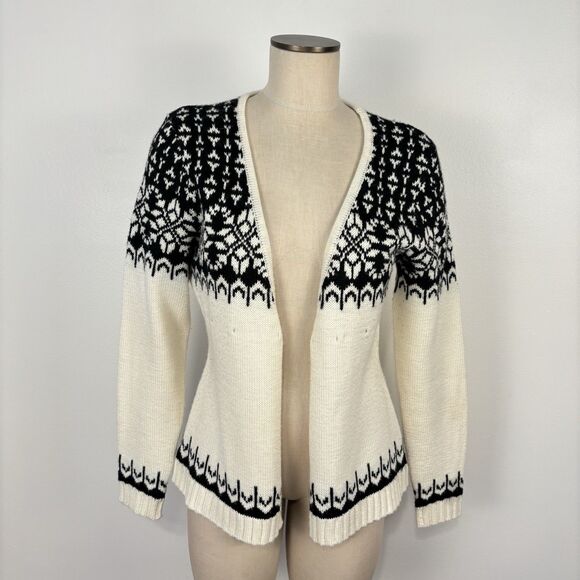 Boston Proper Womens M Black White Open Front Sweater Cardigan Fair Isle Nordic - Picture 1 of 10